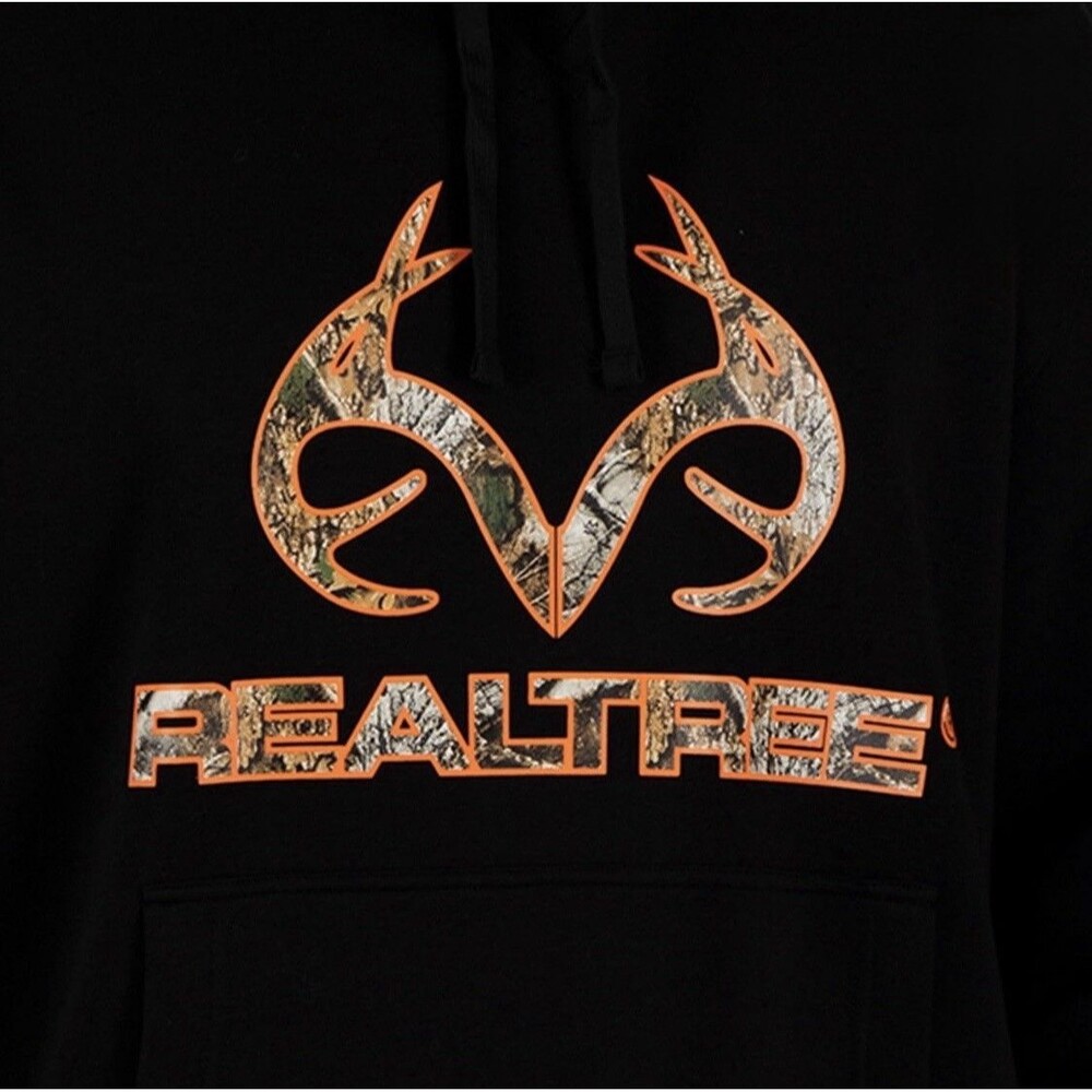 Realtree Men’s Black Pullover Hoodie Camo Logo Fleece 280GSM 60/40 Blend/Sixe XL